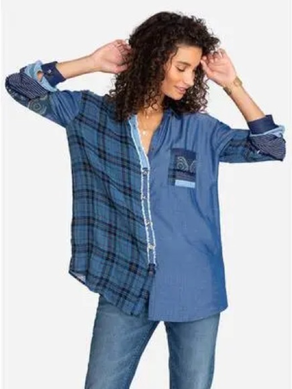 JOHNNY WAS MIXUP DENIM MIXED MEDIA BUTTON DOWN MEDIUM